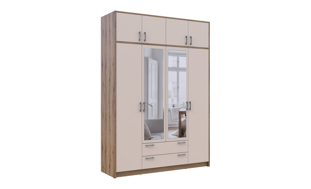 Kleiderschrank Doros Rondi mit Drehtüren mit Oberschrank und Spiegel Artisan Eiche / Kaschmir 4 Türen 160x52x236 (80737831)