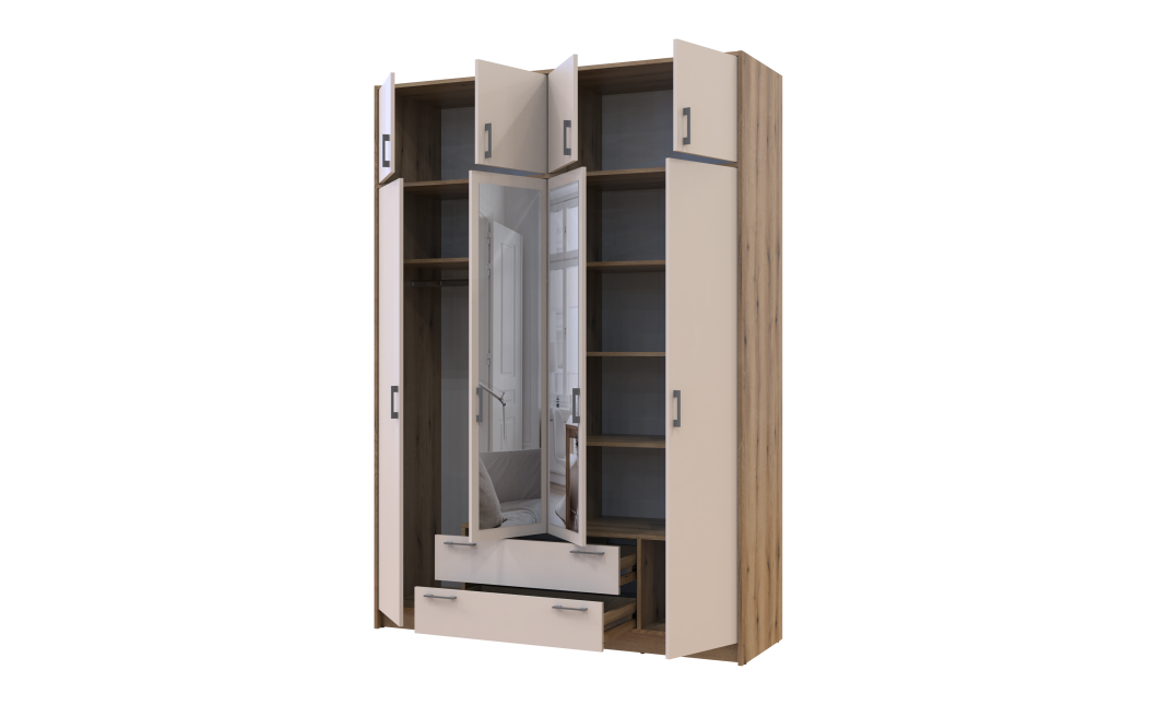Kleiderschrank Doros Rondi mit Drehtüren mit Oberschrank und Spiegel Artisan Eiche / Kaschmir 4 Türen 160x52x236 (80737831)