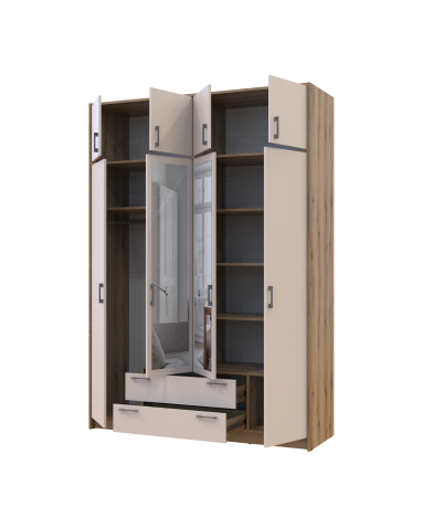 Kleiderschrank Doros Rondi mit Drehtüren mit Oberschrank und Spiegel Artisan Eiche / Kaschmir 4 Türen 160x52x236 (80737831)