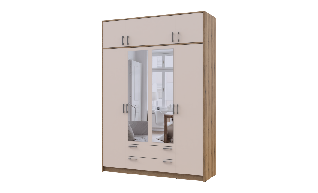 Kleiderschrank Doros Rondi mit Drehtüren mit Oberschrank und Spiegel Artisan Eiche / Kaschmir 4 Türen 160x52x236 (80737831)