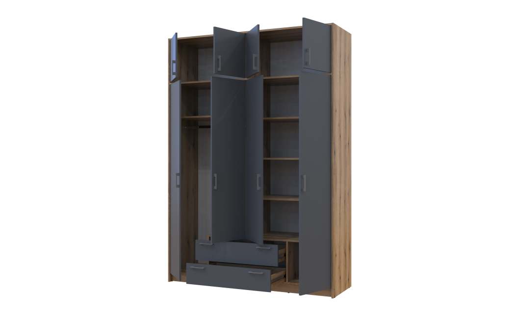 Kleiderschrank Doros Rondi mit Drehtüren mit Oberschrank Artisan Eiche / Graphitgrau 4 Türen 160x52x236 (80737828)