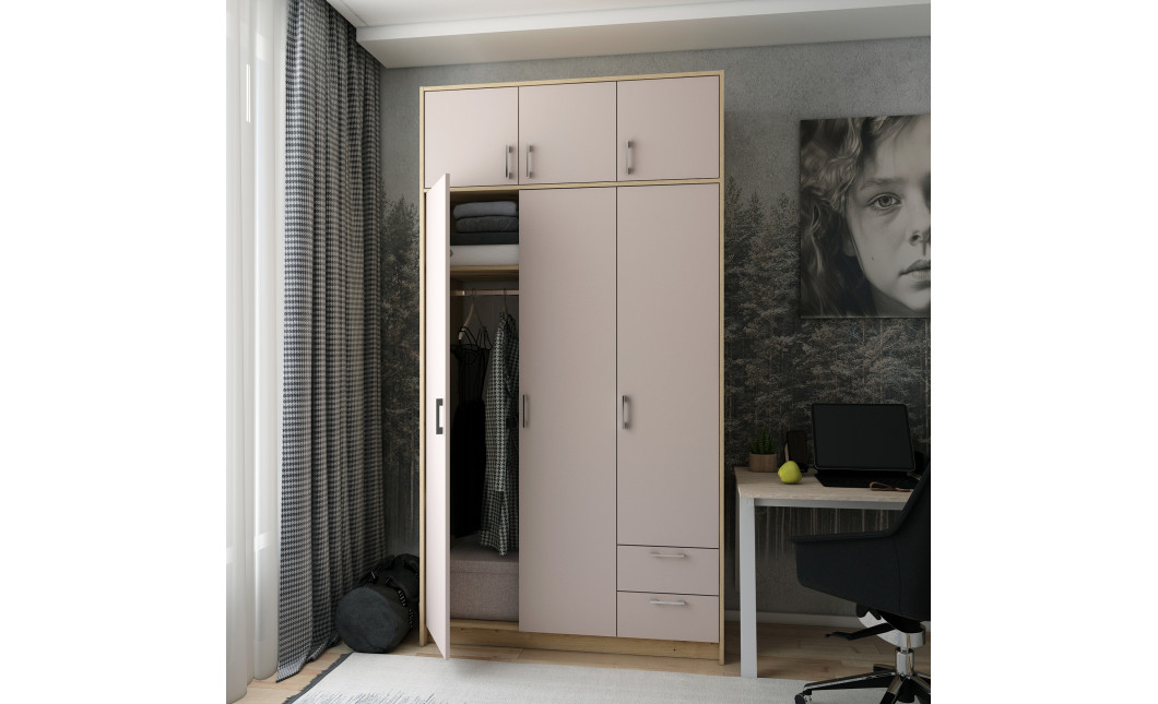 Kleiderschrank Doros Rondi mit Drehtüren mit Oberschrank Artisan Eiche / Kaschmir 3 Türen 121x52x236 (80737819)