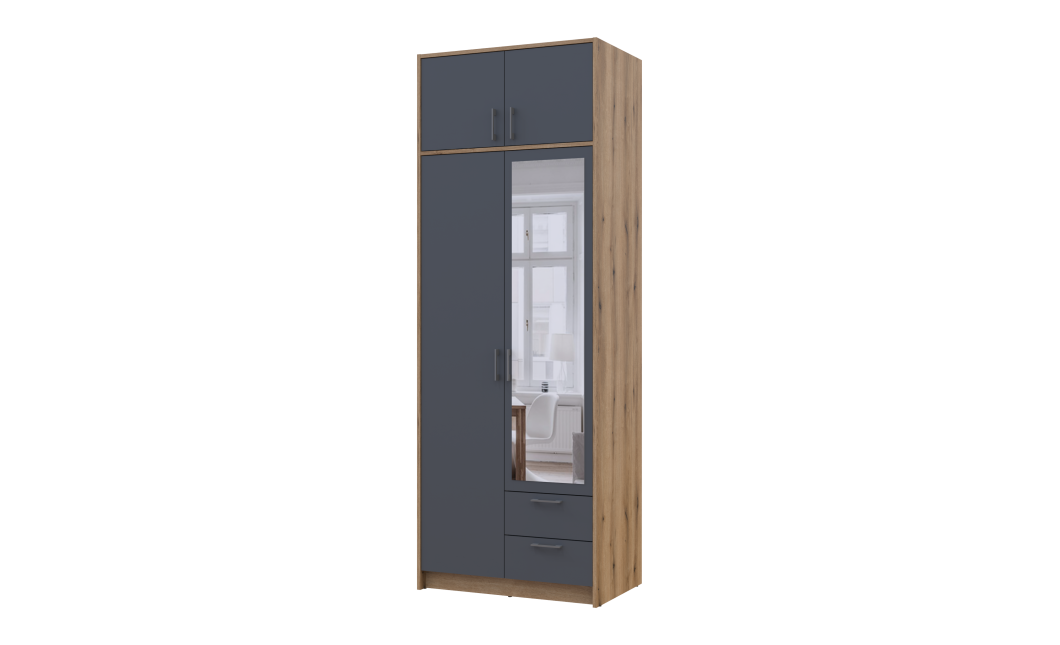 Kleiderschrank Doros Rondi mit Drehtüren mit Oberschrank und Spiegel Artisan Eiche / Graphitgrau 2 Türen 82x52x236 (80737810)