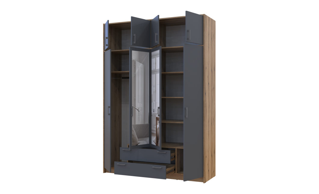 Kleiderschrank Doros Rondi mit Drehtüren und Spiegel Artisan Eiche / Graphitgrau 4 Türen 160x52x236 (80737830)