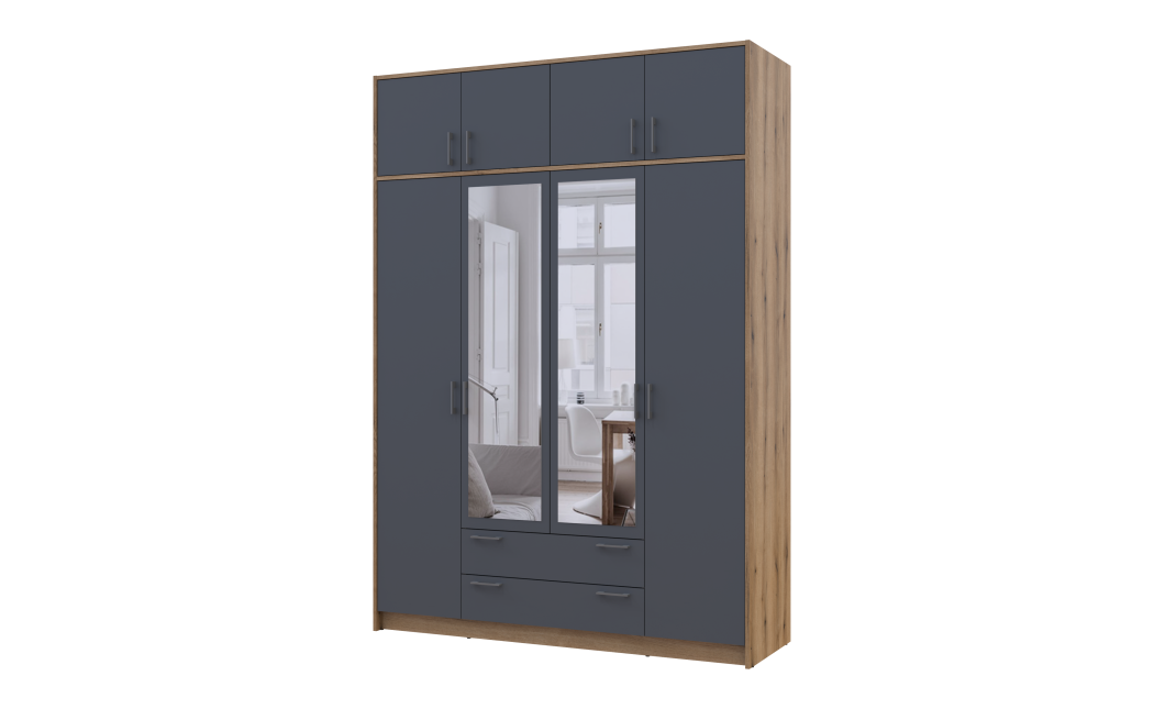 Kleiderschrank Doros Rondi mit Drehtüren und Spiegel Artisan Eiche / Graphitgrau 4 Türen 160x52x236 (80737830)
