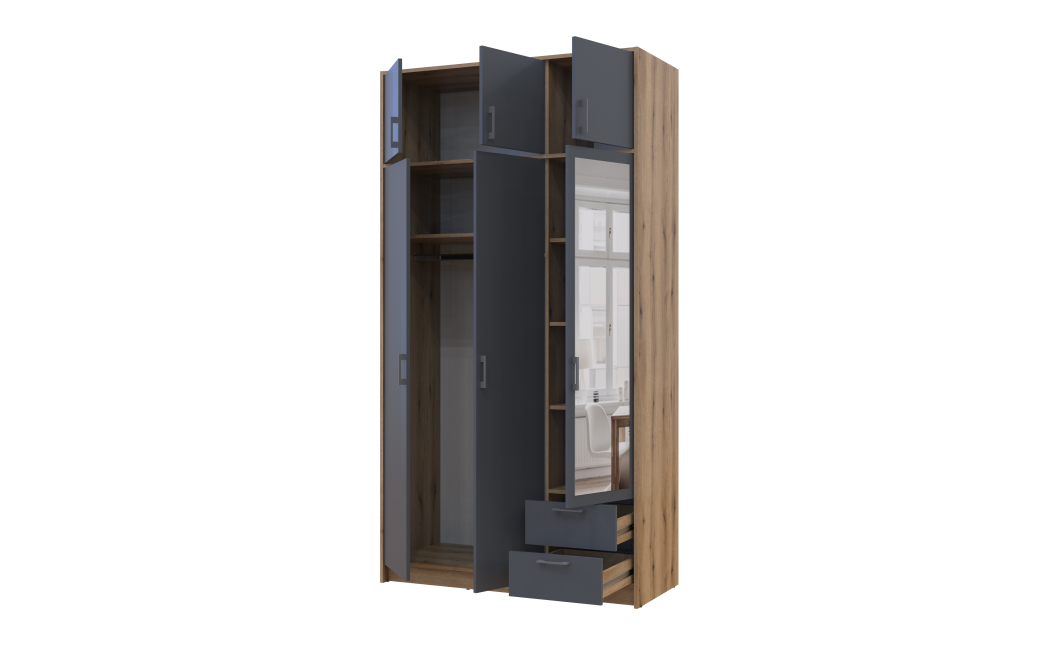Kleiderschrank Doros Rondi mit Drehtüren und Spiegel Artisan Eiche / Graphitgrau 3 Türen 121x52x236 (80737820)
