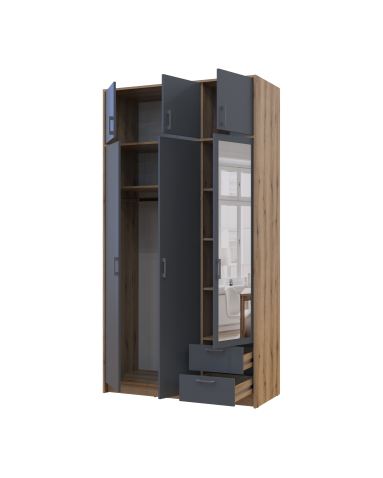 Kleiderschrank Doros Rondi mit Drehtüren und Spiegel Artisan Eiche / Graphitgrau 3 Türen 121x52x236 (80737820)
