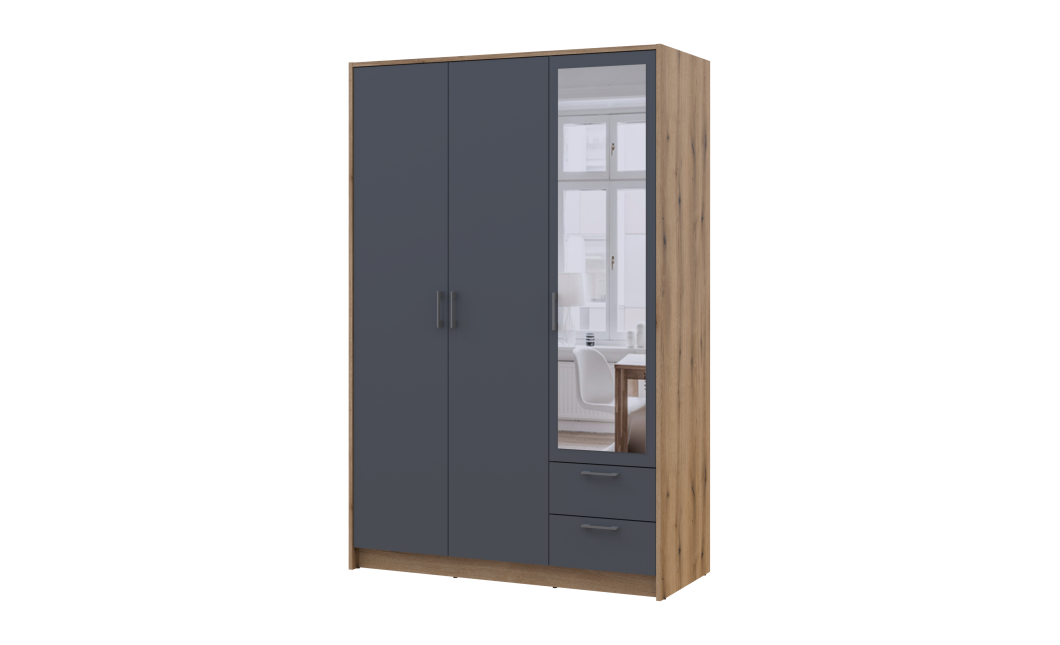 Kleiderschrank Doros Rondi mit Drehtüren mit Spiegel Artisan Eiche / Graphitgrau 3 Türen 121x52x195 (80737816)