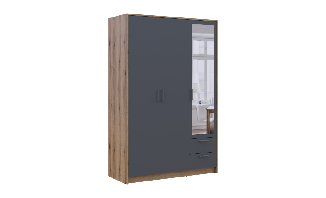 Kleiderschrank Doros Rondi mit Drehtüren mit Spiegel Artisan Eiche / Graphitgrau 3 Türen 121x52x195 (80737816)