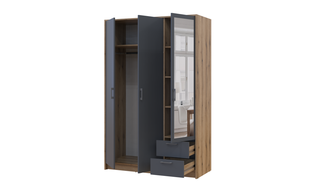 Kleiderschrank Doros Rondi mit Drehtüren mit Spiegel Artisan Eiche / Graphitgrau 3 Türen 121x52x195 (80737816)