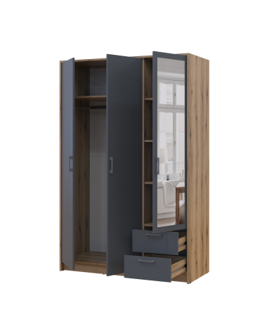Kleiderschrank Doros Rondi mit Drehtüren mit Spiegel Artisan Eiche / Graphitgrau 3 Türen 121x52x195 (80737816)