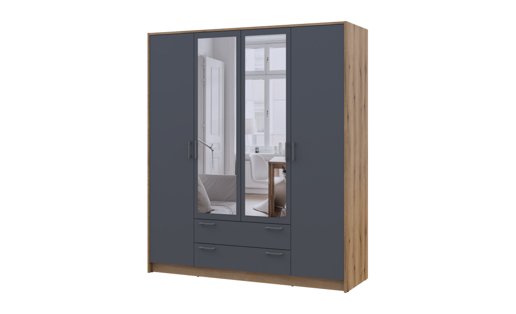 Kleiderschrank Doros Rondi mit Drehtüren mit Spiegel Artisan Eiche / Graphitgrau 4 Türen 160x52x195 (80737826)
