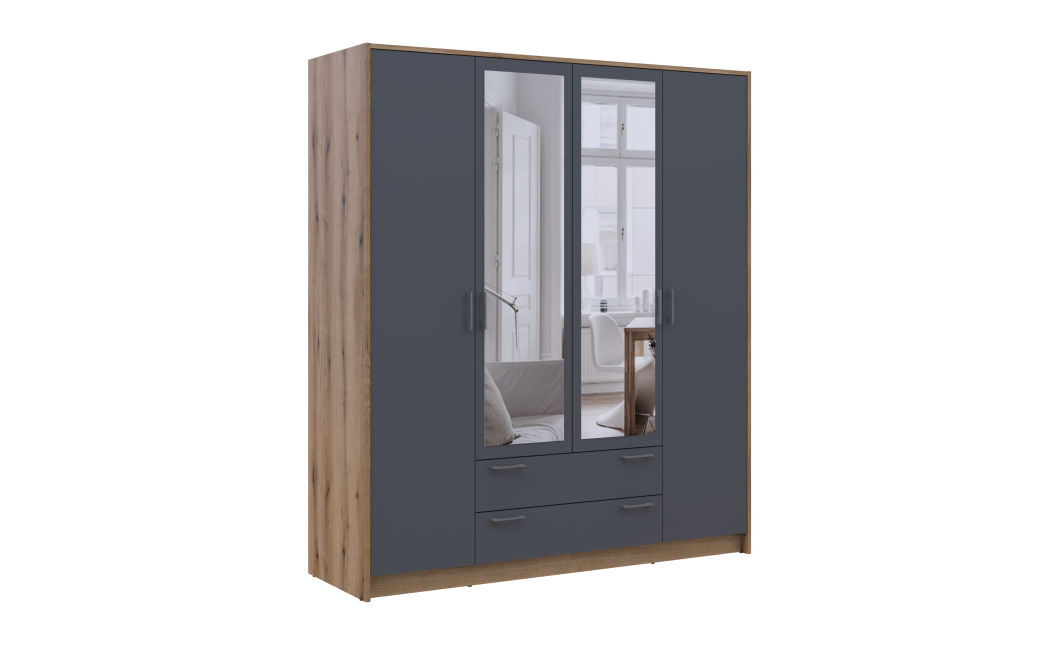 Kleiderschrank Doros Rondi mit Drehtüren mit Spiegel Artisan Eiche / Graphitgrau 4 Türen 160x52x195 (80737826)