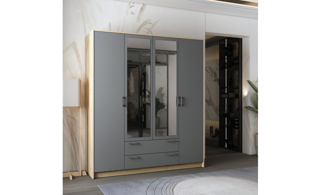 Kleiderschrank Doros Rondi mit Drehtüren mit Spiegel Artisan Eiche / Graphitgrau 4 Türen 160x52x195 (80737826)