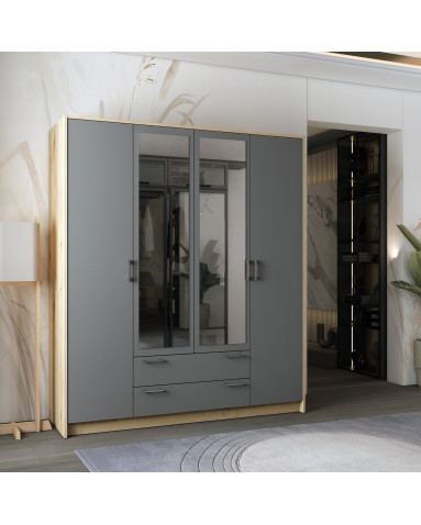 Kleiderschrank Doros Rondi mit Drehtüren mit Spiegel Artisan Eiche / Graphitgrau 4 Türen 160x52x195 (80737826)