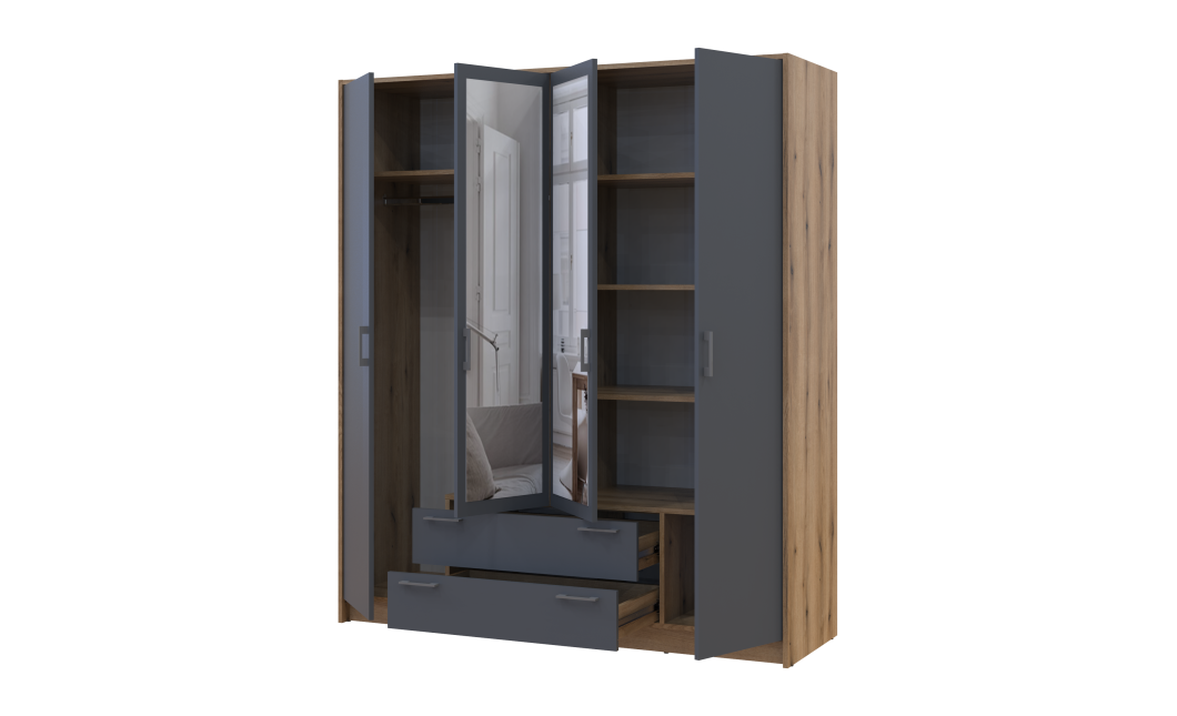 Kleiderschrank Doros Rondi mit Drehtüren mit Spiegel Artisan Eiche / Graphitgrau 4 Türen 160x52x195 (80737826)