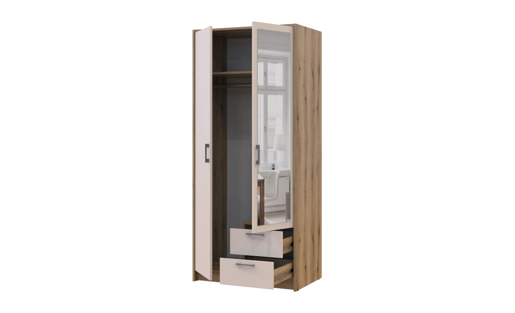 Kleiderschrank Doros Rondi mit Drehtüren mit Spiegel Artisan Eiche / Kaschmir 2 Türen 82x52x195 (80737807)