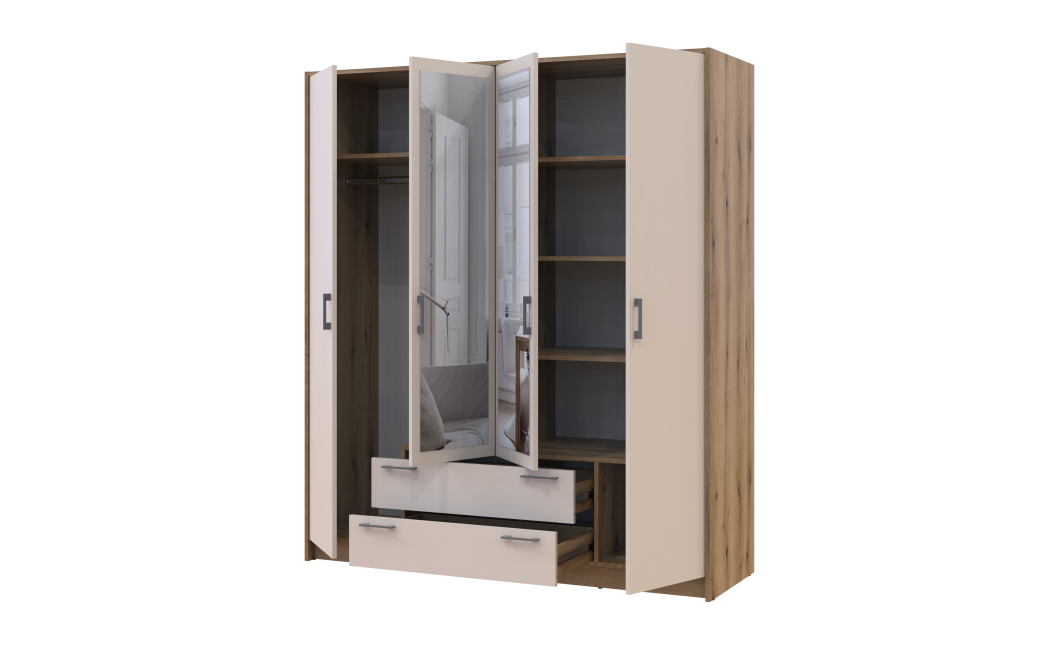 Kleiderschrank Doros Rondi mit Drehtüren mit Spiegel Artisan Eiche / Kaschmir 4 Türen 160x52x195 (80737827)