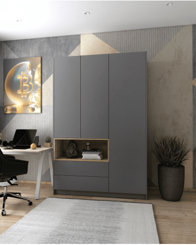 Kleiderschrank Doros Dale Anthrazit/Ewok Eiche 3 Türen 150x52x220 (44900526)