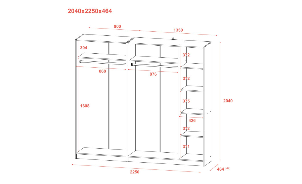 Kleiderschrank Doros Promo mit Drehtüren Weiß 2+3 Türen 225x48x204 (42005004)