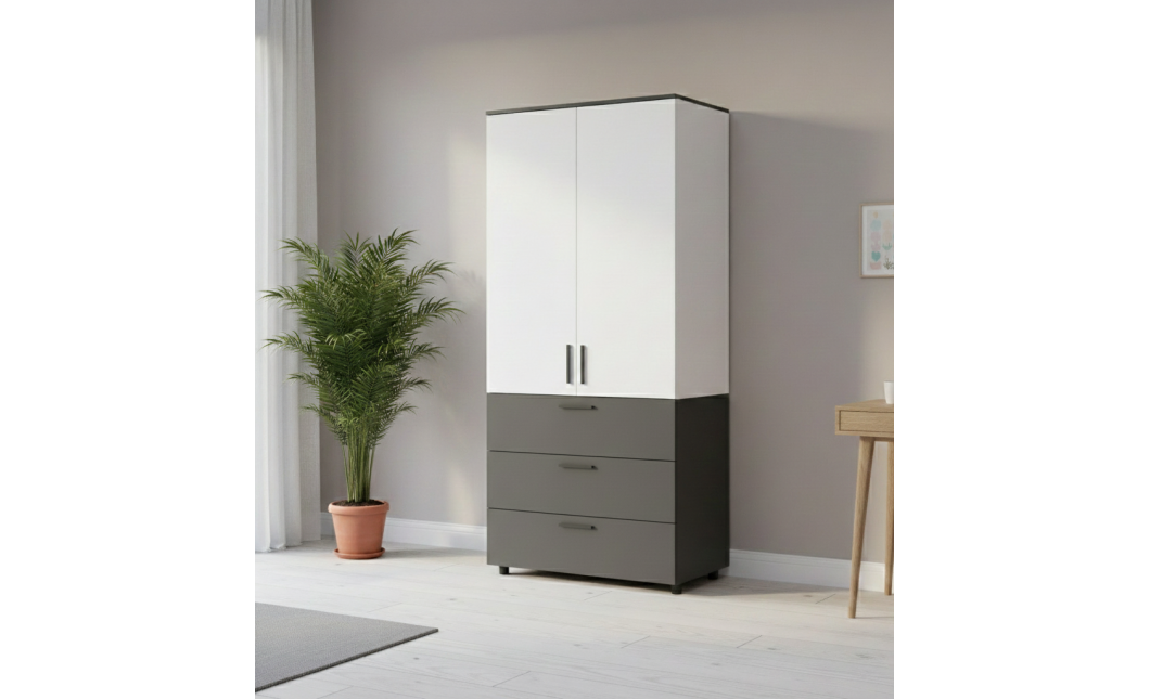 Kleiderschrank Doros Thorn Anthrazit/Weiß 2 Türen 3 Schubladen Kleiderstange 90x51,6x200 (44900469)
