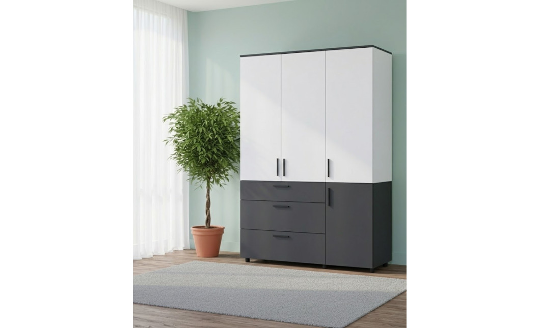 Kleiderschrank Doros Thorn Anthrazit/Weiß 3 Türen 3 Schubladen Kleiderstange 135x51,6x200 (44900517)