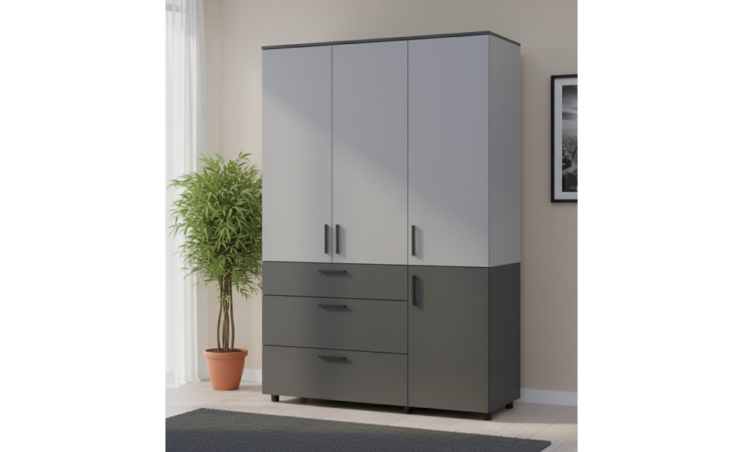Kleiderschrank Doros Thorn Anthrazit/Grau 3 Türen 3 Schubladen Böden 135x51,6x200 (44900522)