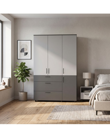 Kleiderschrank Doros Thorn Anthrazit/Grau 3 Türen 3 Schubladen Kleiderstange 135x51,6x200 (44900521)