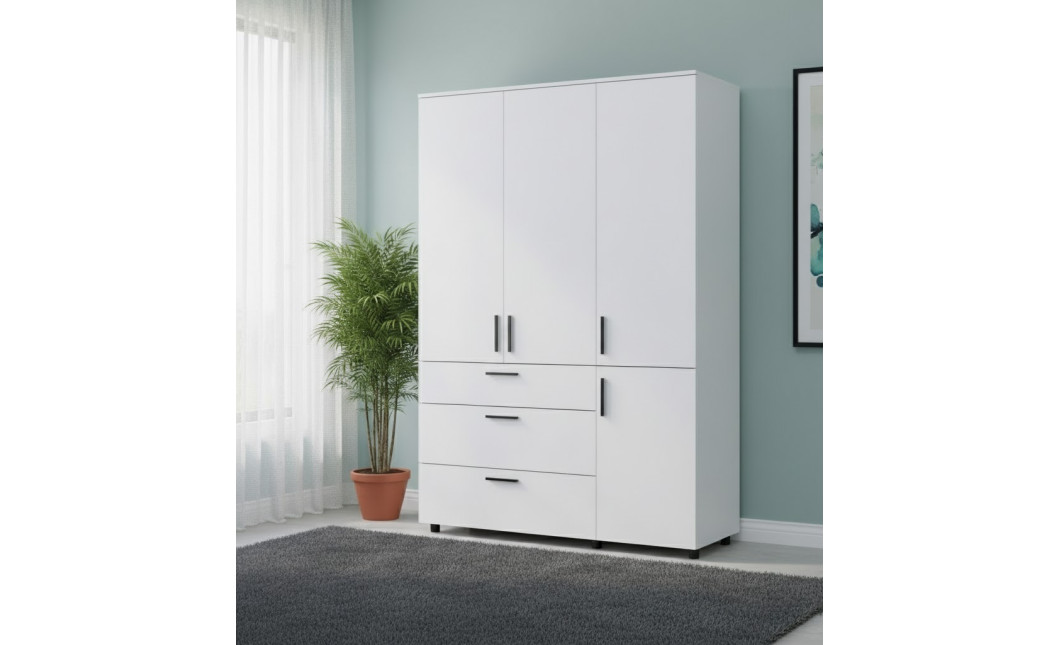 Kleiderschrank Doros Thorn Weiß 3 Türen 3 Schubladen Kleiderstange 135x51,6x200 (44900485)