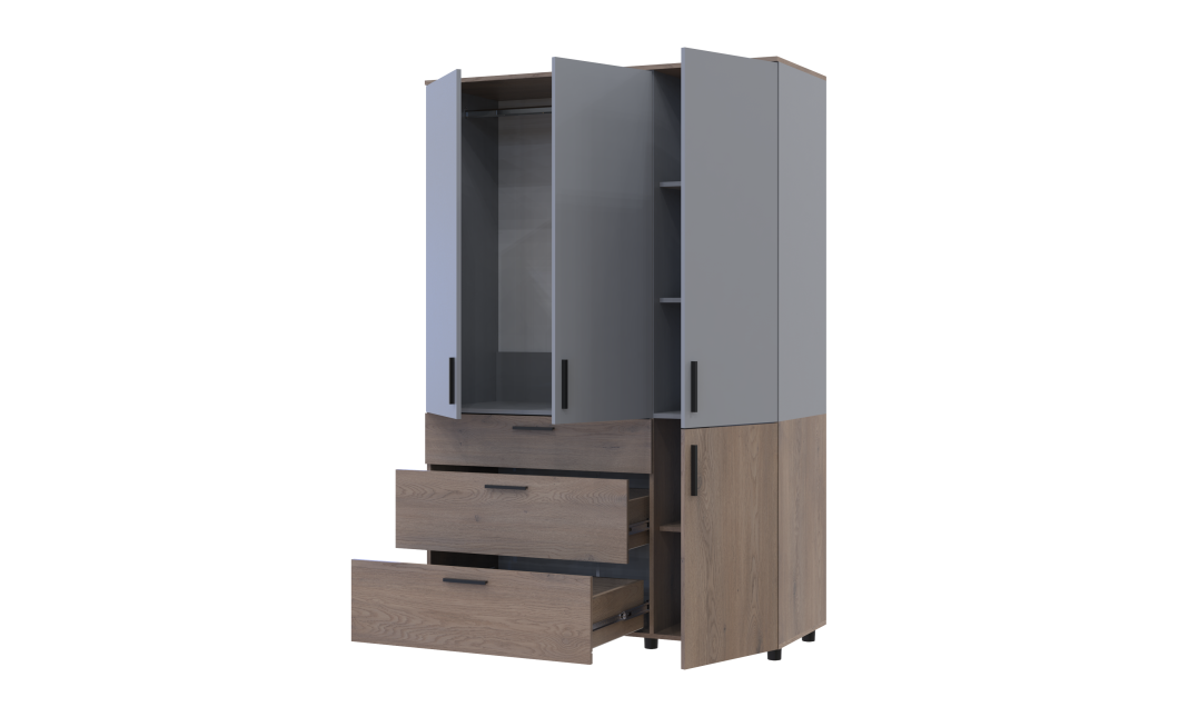 Kleiderschrank Doros Thorn Cremona Cannolo/Grau 3 Türen 3 Schubladen Kleiderstange 135x51,6x200 (44900505)