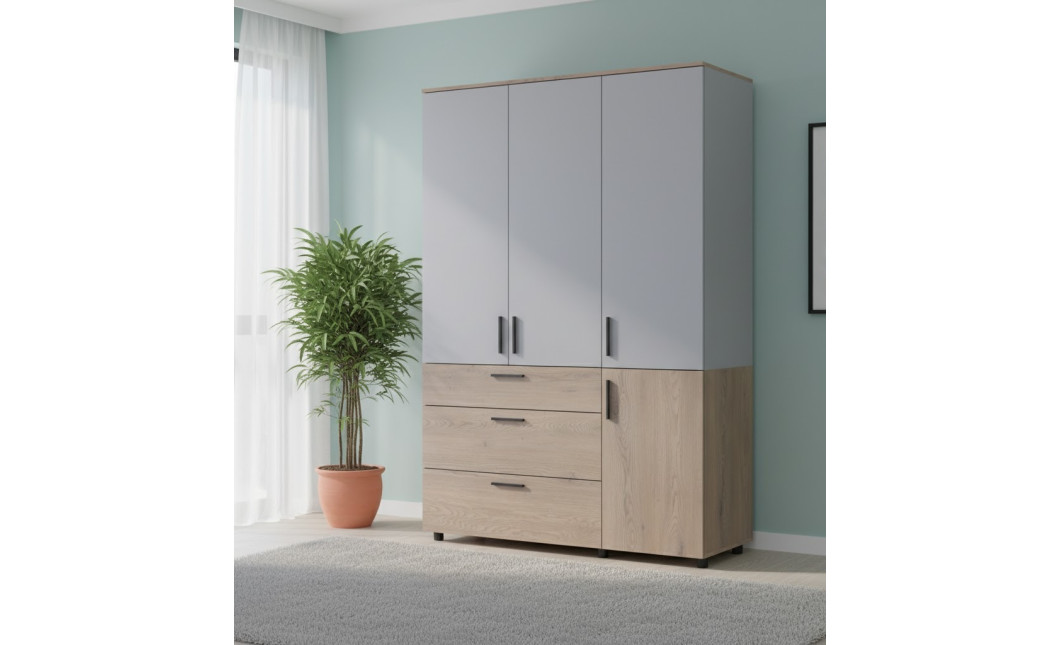 Kleiderschrank Doros Thorn Cremona Cannolo/Grau 3 Türen 3 Schubladen Kleiderstange 135x51,6x200 (44900505)
