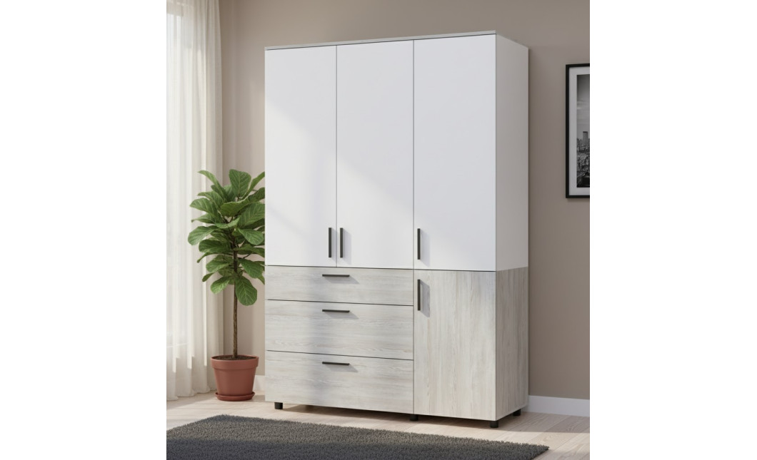 Kleiderschrank Doros Thorn Natti Kiefer/Weiß 3 Türen 3 Schubladen Böden 135x51,6x200 (44900510)