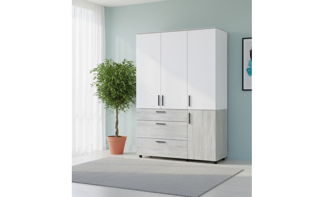 Kleiderschrank Doros Thorn Natti Kiefer/Weiß 3 Türen 3 Schubladen Kleiderstange 135x51,6x200 (44900509)