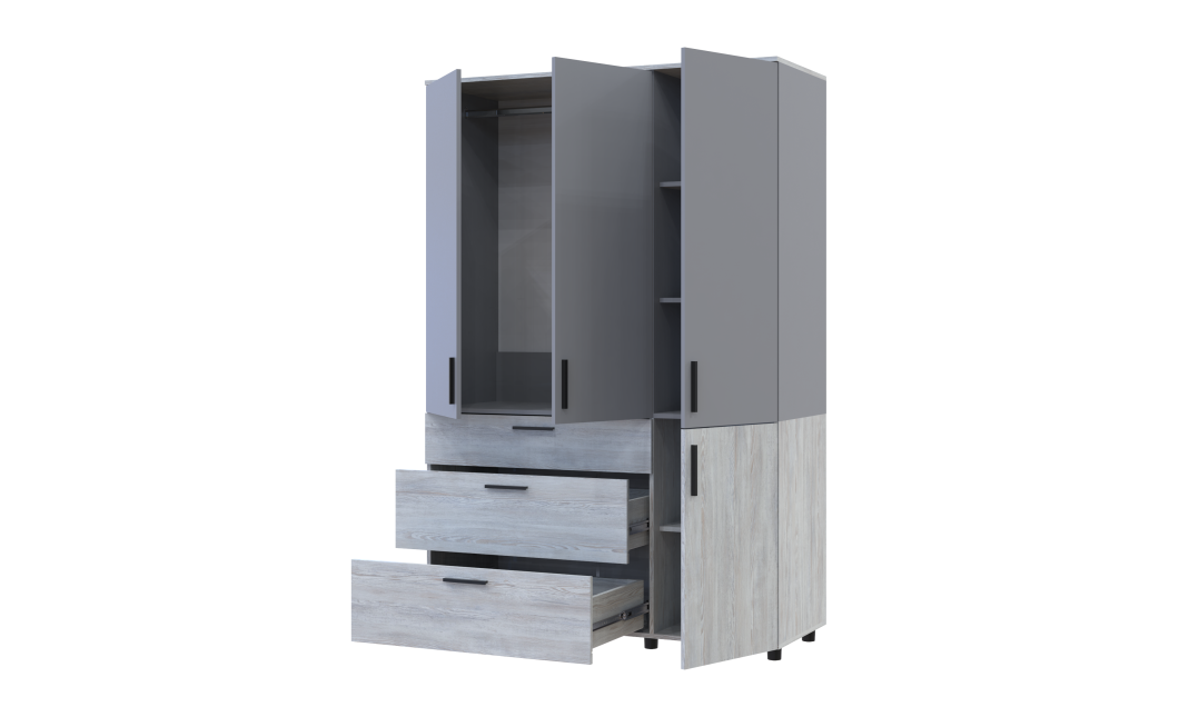 Kleiderschrank Doros Thorn Natti Kiefer/Grau 3 Türen 3 Schubladen Kleiderstange 135x51,6x200 (44900513)