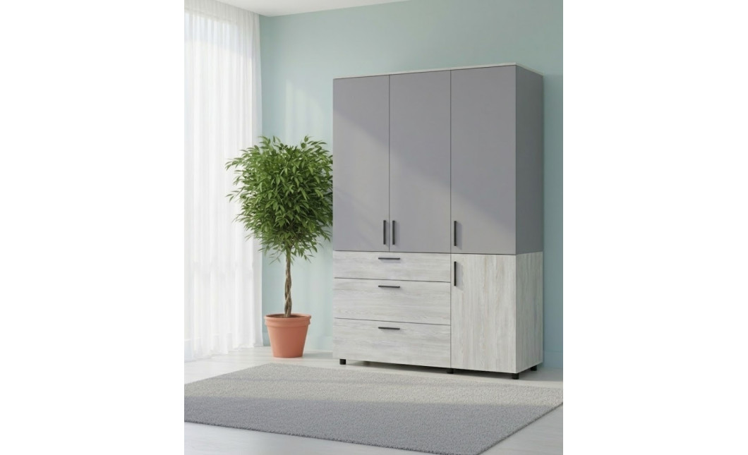 Kleiderschrank Doros Thorn Natti Kiefer/Grau 3 Türen 3 Schubladen Kleiderstange 135x51,6x200 (44900513)