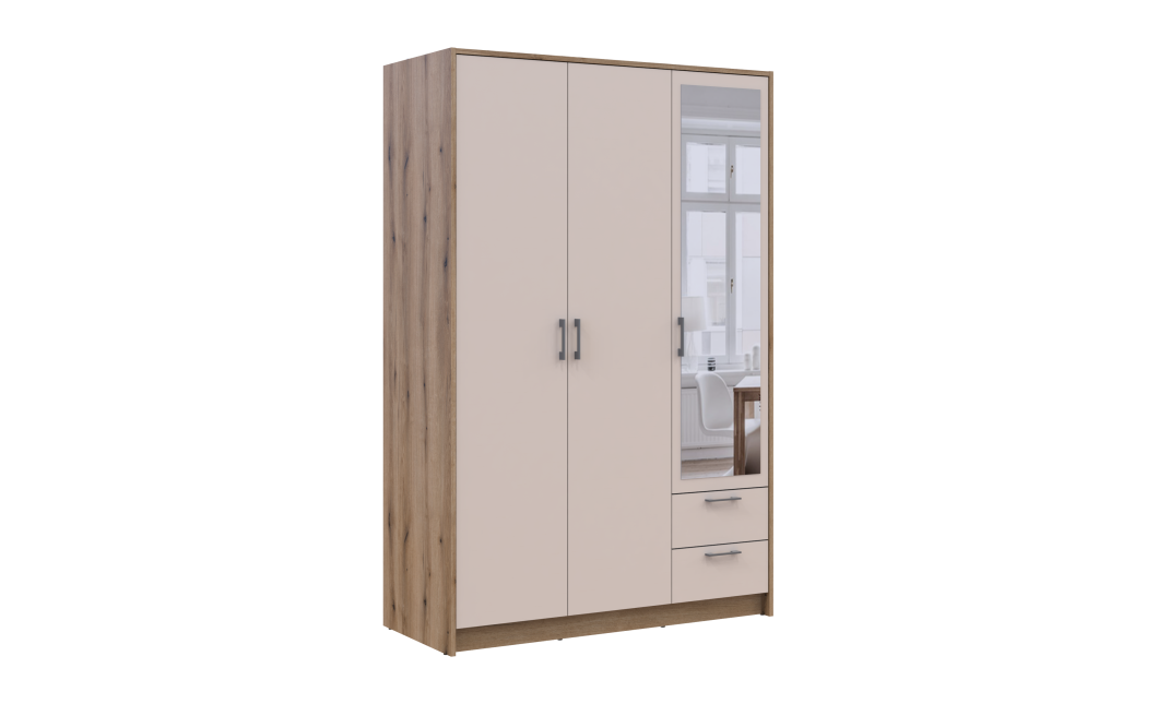 Kleiderschrank Doros Rondi mit Drehtüren mit Spiegel Artisan Eiche / Kaschmir 3 Türen 121x52x195 (80737817)