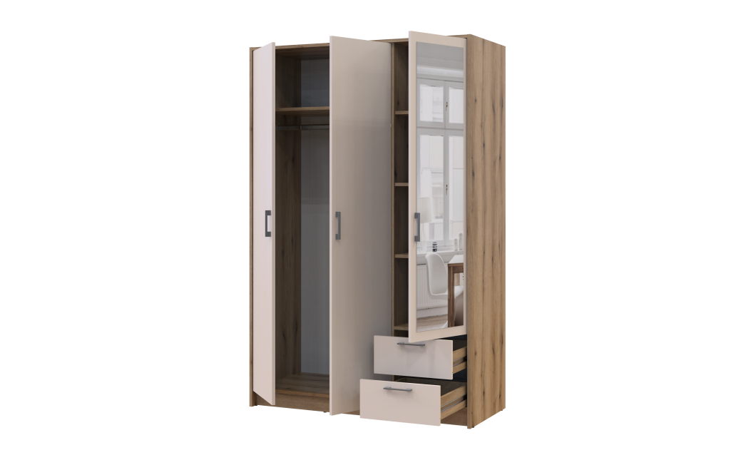 Kleiderschrank Doros Rondi mit Drehtüren mit Spiegel Artisan Eiche / Kaschmir 3 Türen 121x52x195 (80737817)