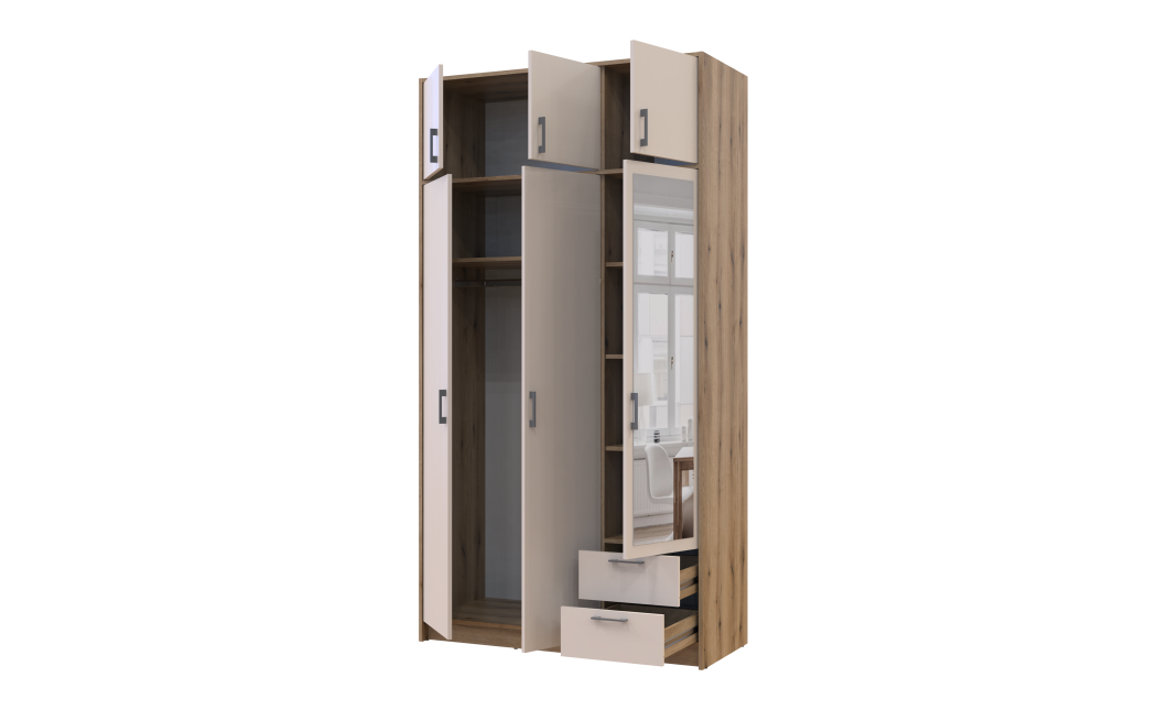 Kleiderschrank Doros Rondi mit Drehtüren und Spiegel Artisan Eiche / Kaschmir 3 Türen 121x52x236 (80737821)