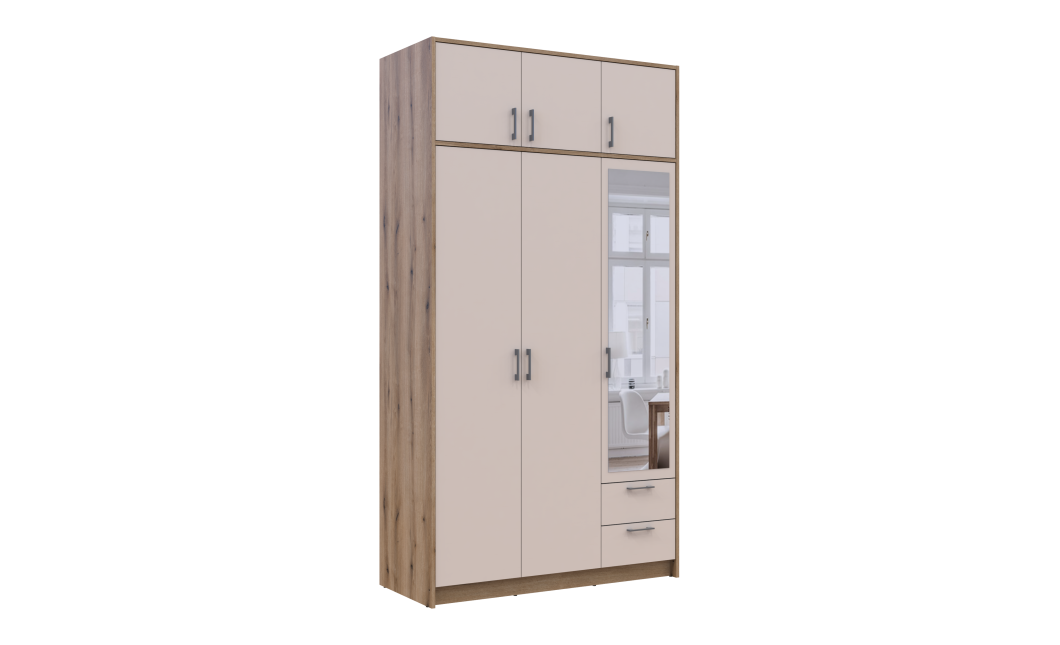 Kleiderschrank Doros Rondi mit Drehtüren und Spiegel Artisan Eiche / Kaschmir 3 Türen 121x52x236 (80737821)