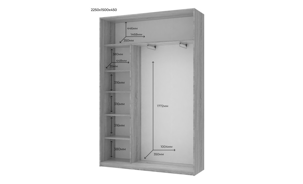 Kleiderschrank Doros City Schiebetüren Kaschmir mit Beleuchtung und Spiegel 2 Türen 150x45x225 (80736356)