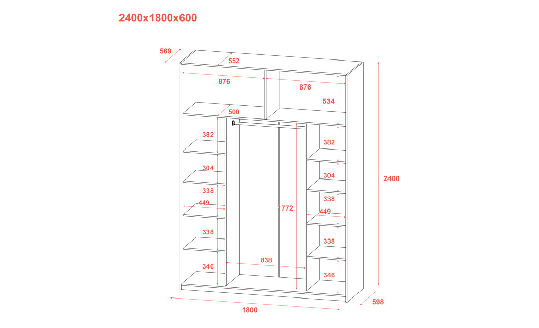 Kleiderschrank Doros G-Caiser Schiebetüren Graphitgrau / Weiß 2 Türen 180x60x240 (44900263)
